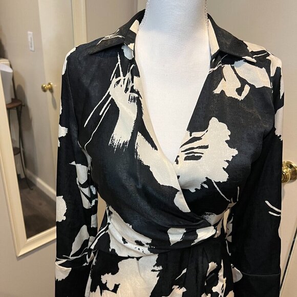 Zara Black & Off White Satin Effect Wrap Floral Print Midi Dress, Size XS - Picture 3 of 16